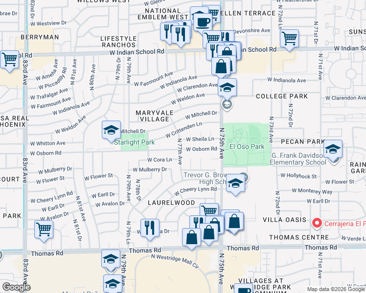 map of restaurants, bars, coffee shops, grocery stores, and more near 7644 West Osborn Road in Phoenix