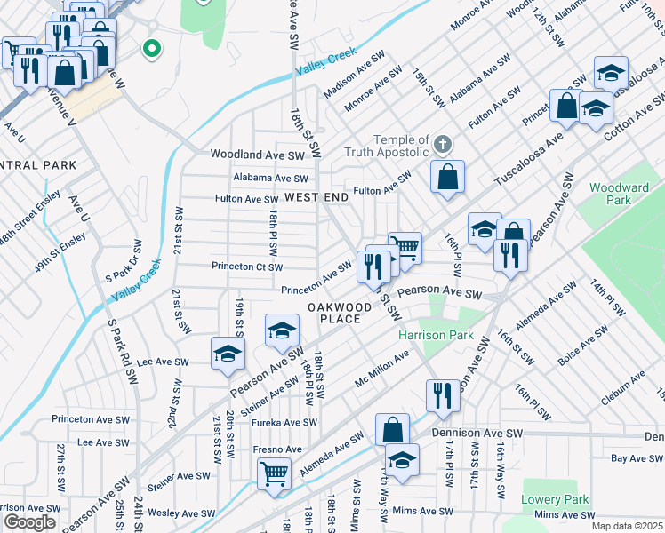 map of restaurants, bars, coffee shops, grocery stores, and more near 1728 Princeton Avenue Southwest in Birmingham