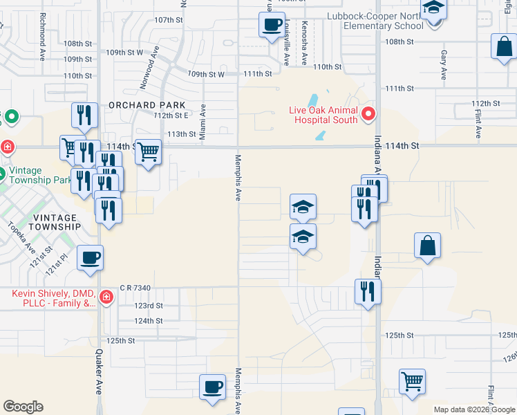 map of restaurants, bars, coffee shops, grocery stores, and more near 118th Street in Lubbock