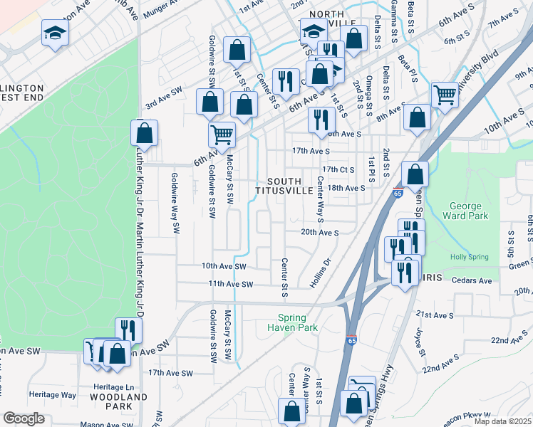 map of restaurants, bars, coffee shops, grocery stores, and more near 838 Center Place Southwest in Birmingham