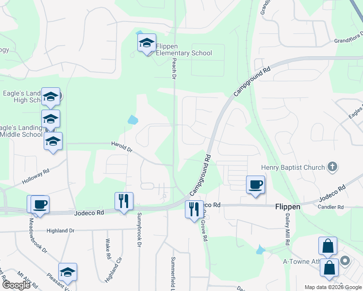 map of restaurants, bars, coffee shops, grocery stores, and more near 233 Winthrop Lane in McDonough