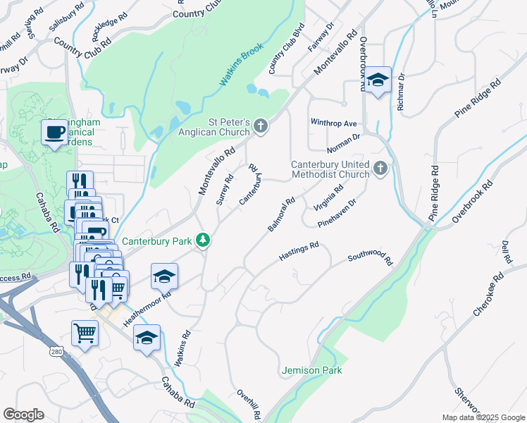 map of restaurants, bars, coffee shops, grocery stores, and more near 2872 Balmoral Road in Birmingham
