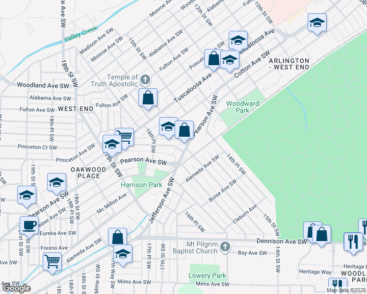map of restaurants, bars, coffee shops, grocery stores, and more near 1488 Pearson Avenue Southwest in Birmingham