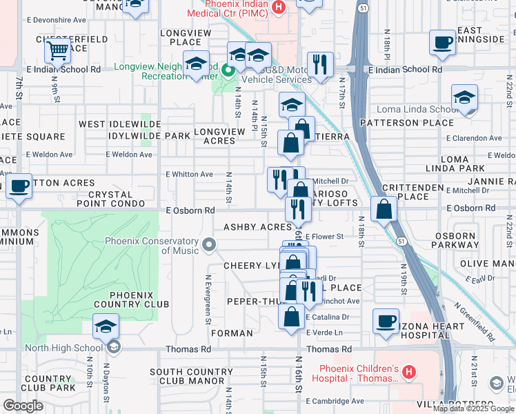map of restaurants, bars, coffee shops, grocery stores, and more near 1432 East Osborn Road in Phoenix