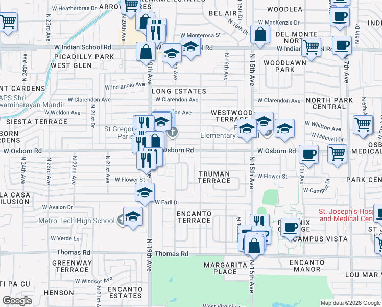 map of restaurants, bars, coffee shops, grocery stores, and more near 1717 West Osborn Road in Phoenix