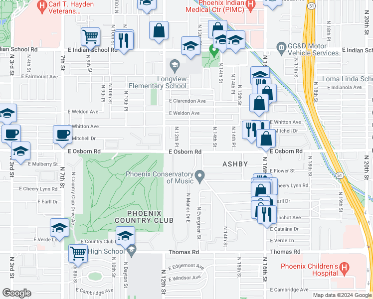 map of restaurants, bars, coffee shops, grocery stores, and more near 3402 North Longview Avenue in Phoenix
