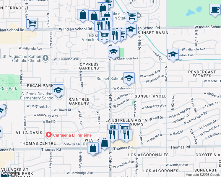 map of restaurants, bars, coffee shops, grocery stores, and more near N 67th Ave & W Osborn Rd in Phoenix