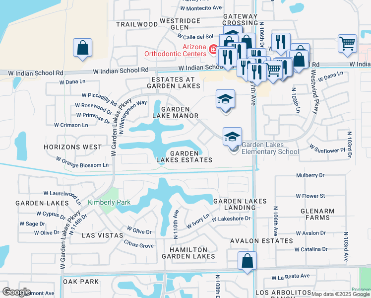 map of restaurants, bars, coffee shops, grocery stores, and more near 10940 West Sunflower Place in Avondale