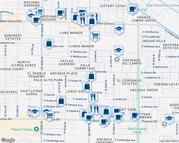 map of restaurants, bars, coffee shops, grocery stores, and more near N 44th St & E Osborn Rd in Phoenix