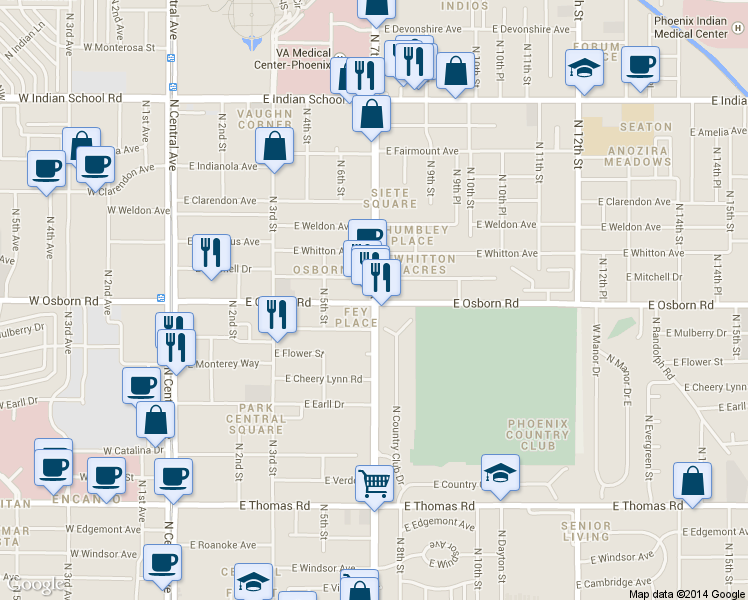 map of restaurants, bars, coffee shops, grocery stores, and more near 4140 N 7th St in Phoenix