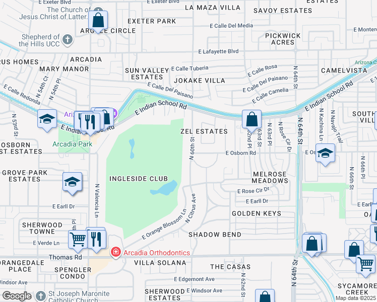 map of restaurants, bars, coffee shops, grocery stores, and more near 3412 North 60th Street in Phoenix
