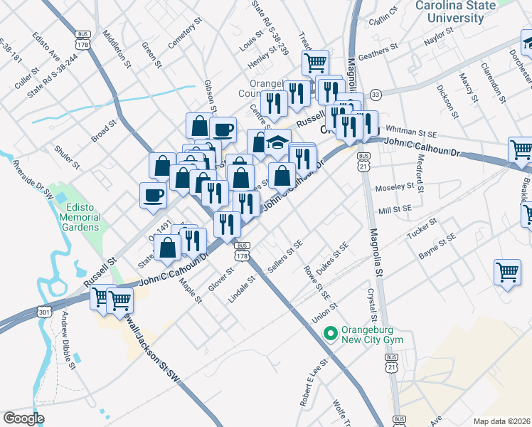 map of restaurants, bars, coffee shops, grocery stores, and more near 983 John C Calhoun Drive in Orangeburg