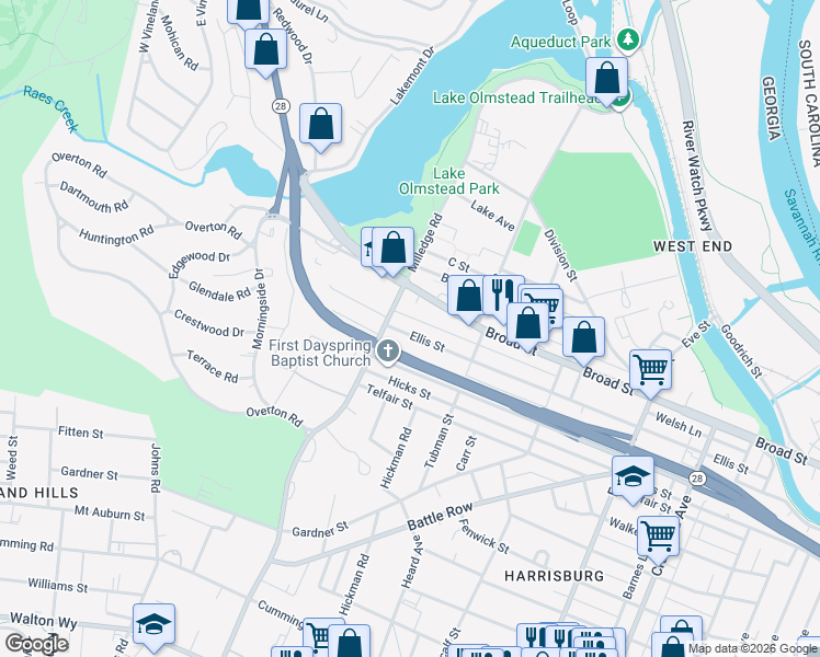 map of restaurants, bars, coffee shops, grocery stores, and more near 2163 Ellis Street in Augusta