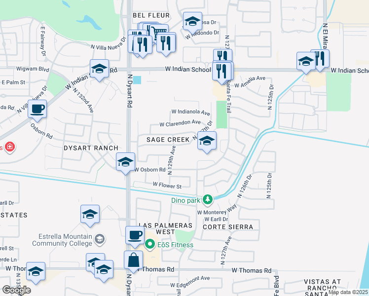 map of restaurants, bars, coffee shops, grocery stores, and more near 12841 West Whitton Avenue in Litchfield Park