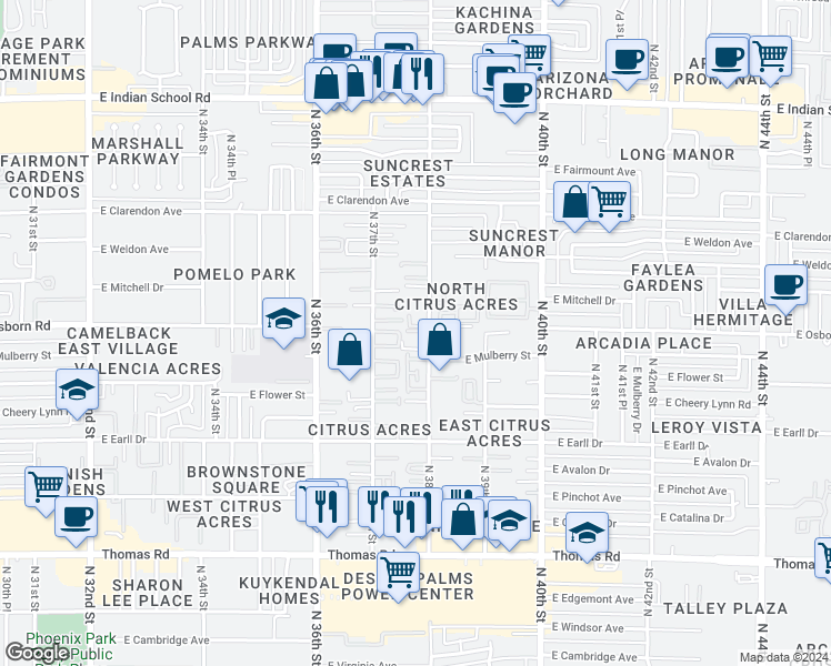 map of restaurants, bars, coffee shops, grocery stores, and more near 3242 North 38th Street in Phoenix