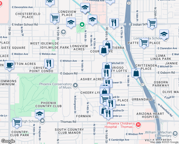 map of restaurants, bars, coffee shops, grocery stores, and more near 1432 East Osborn Road in Phoenix