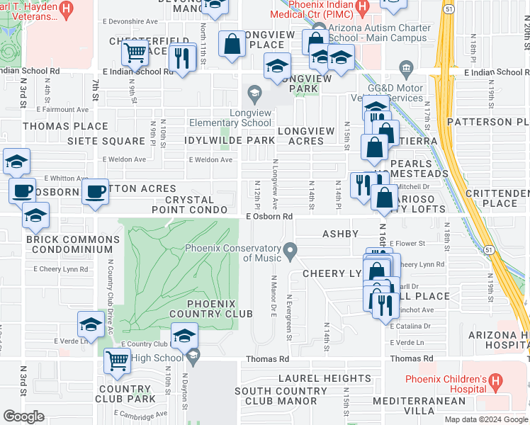map of restaurants, bars, coffee shops, grocery stores, and more near 3402 North Longview Avenue in Phoenix