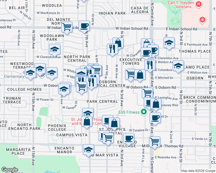 map of restaurants, bars, coffee shops, grocery stores, and more near 419 West Osborn Road in Phoenix