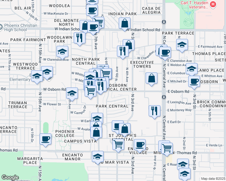 map of restaurants, bars, coffee shops, grocery stores, and more near 3355 North 6th Avenue in Phoenix