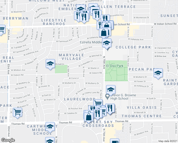 map of restaurants, bars, coffee shops, grocery stores, and more near 7644 West Osborn Road in Phoenix