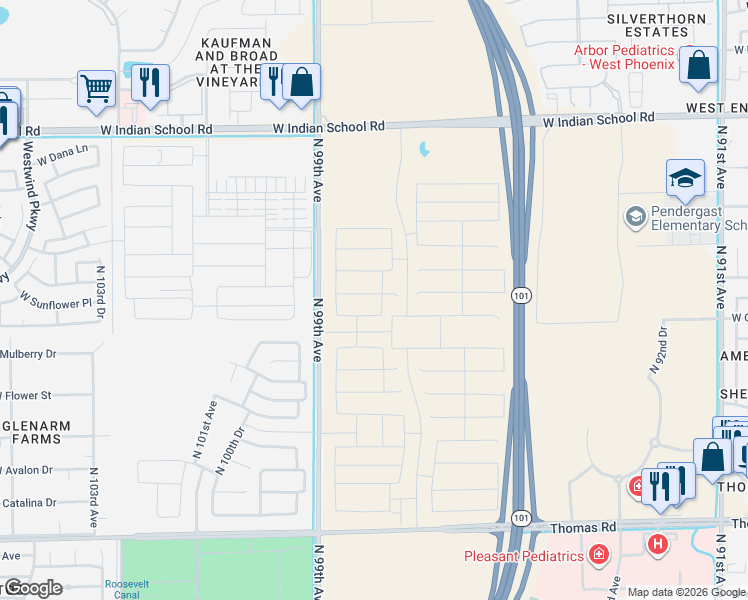 map of restaurants, bars, coffee shops, grocery stores, and more near 3301 North 99th Avenue in Phoenix