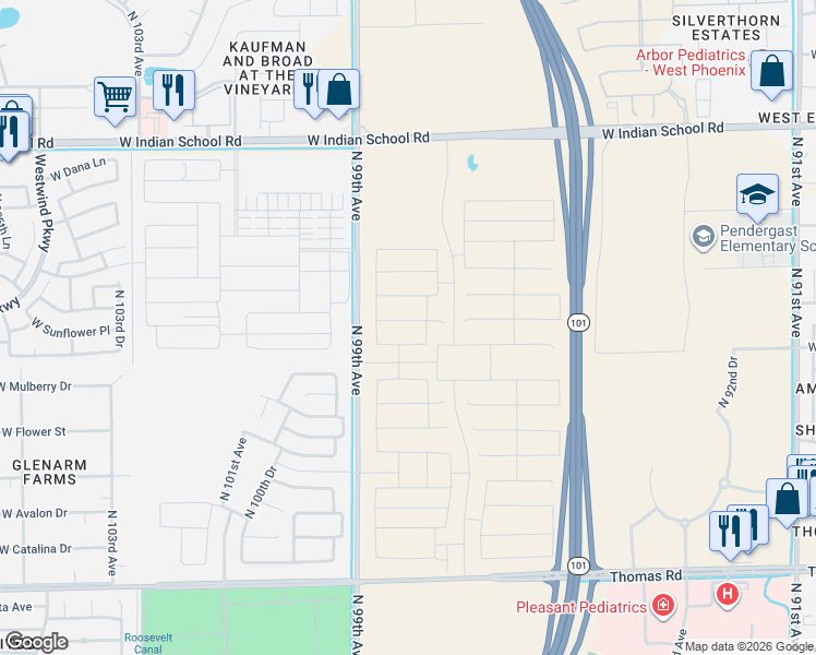 map of restaurants, bars, coffee shops, grocery stores, and more near 3301 North 99th Avenue in Phoenix