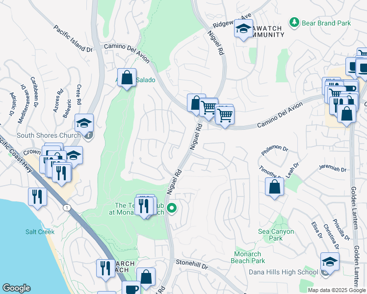 map of restaurants, bars, coffee shops, grocery stores, and more near 22 Corniche Drive in Dana Point
