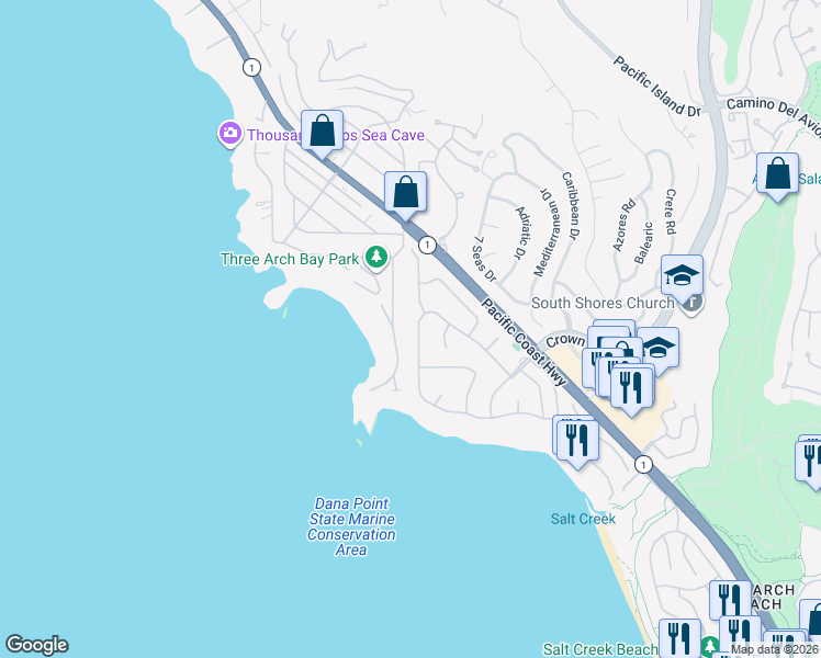 map of restaurants, bars, coffee shops, grocery stores, and more near 105 Monarch Bay Drive in Dana Point