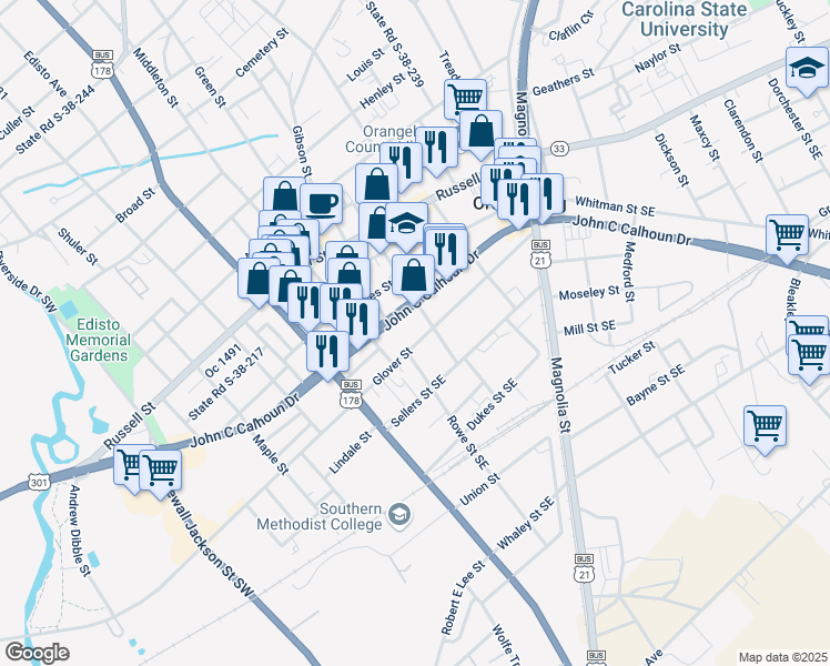 map of restaurants, bars, coffee shops, grocery stores, and more near 1396 Glover Street in Orangeburg