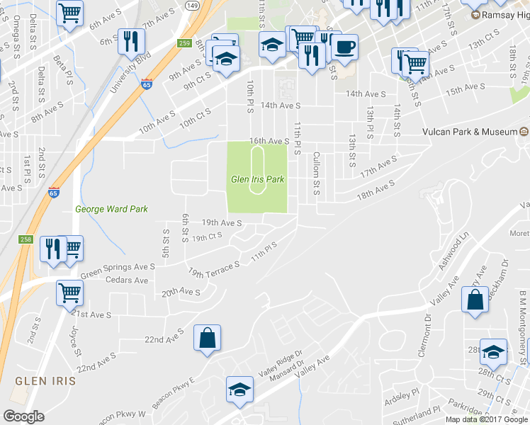 map of restaurants, bars, coffee shops, grocery stores, and more near 1898 11th Street South in Birmingham