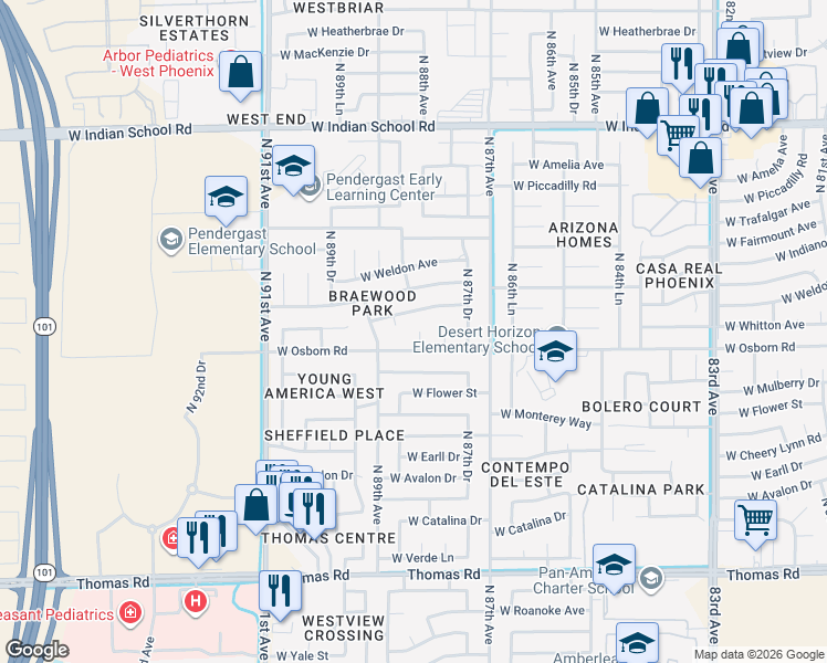 map of restaurants, bars, coffee shops, grocery stores, and more near 3414 North 88th Drive in Phoenix