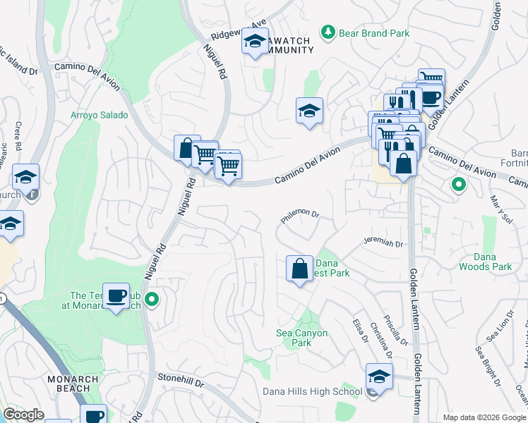map of restaurants, bars, coffee shops, grocery stores, and more near 26 Imperatrice in Dana Point