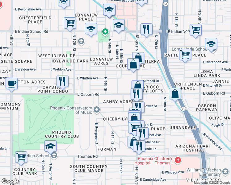 map of restaurants, bars, coffee shops, grocery stores, and more near 1432 East Osborn Road in Phoenix