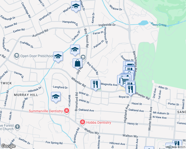 map of restaurants, bars, coffee shops, grocery stores, and more near 2807 Hackle Street in Augusta