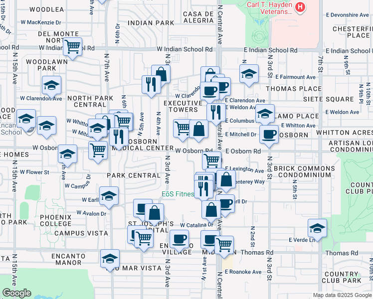 map of restaurants, bars, coffee shops, grocery stores, and more near 200 West Osborn Road in Phoenix