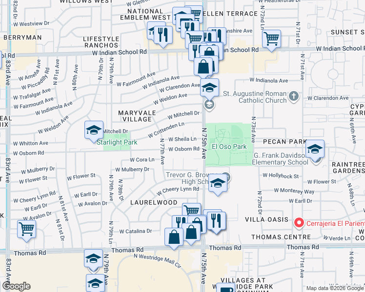 map of restaurants, bars, coffee shops, grocery stores, and more near 7602 West Osborn Road in Phoenix