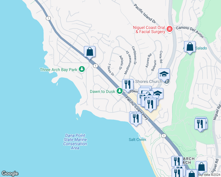 map of restaurants, bars, coffee shops, grocery stores, and more near 218 Monarch Bay Drive in Dana Point