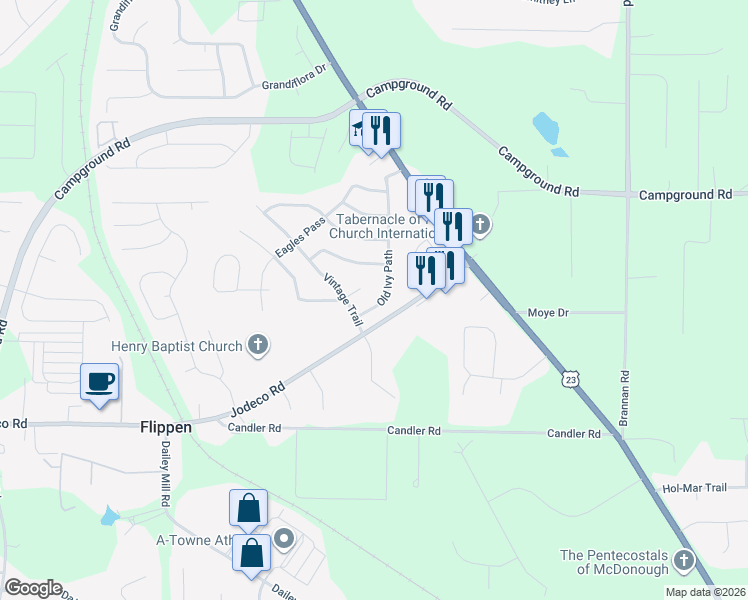 map of restaurants, bars, coffee shops, grocery stores, and more near 409 Old Ivy Path in McDonough