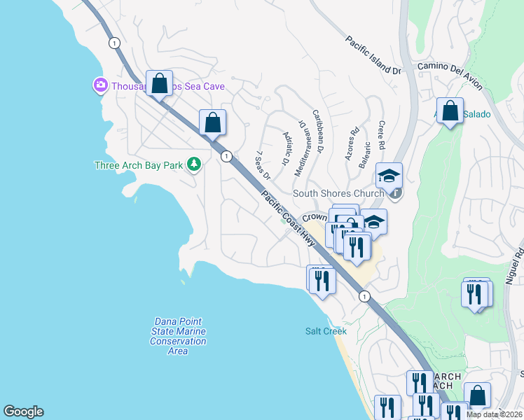 map of restaurants, bars, coffee shops, grocery stores, and more near 218 Monarch Bay Drive in Dana Point