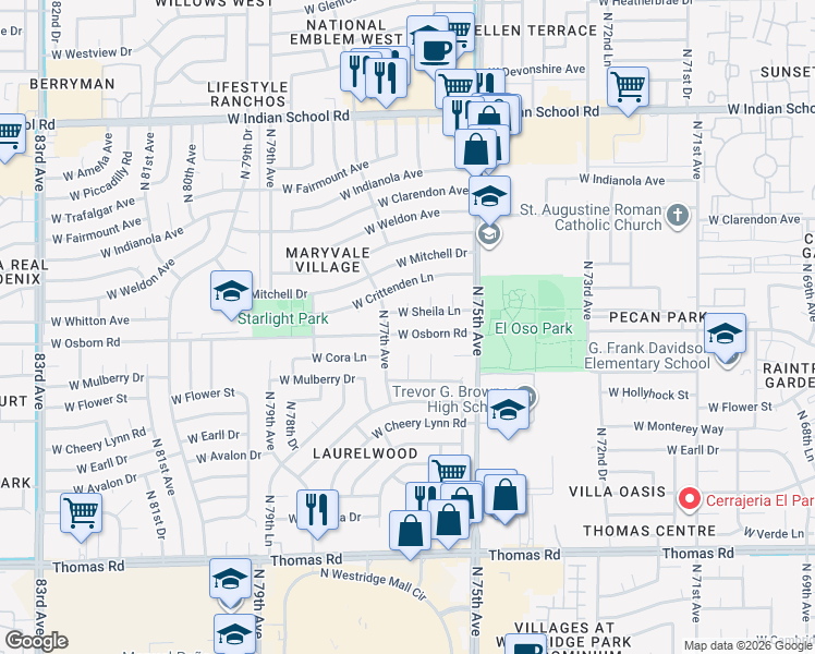 map of restaurants, bars, coffee shops, grocery stores, and more near 7644 West Osborn Road in Phoenix