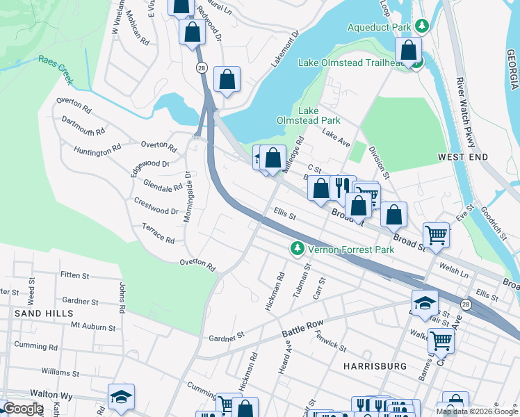 map of restaurants, bars, coffee shops, grocery stores, and more near 324 Milledge Road in Augusta