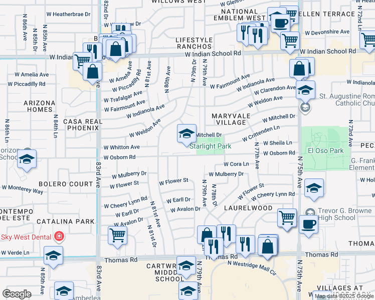 map of restaurants, bars, coffee shops, grocery stores, and more near 7960 West Osborn Road in Phoenix