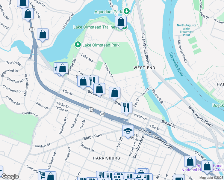 map of restaurants, bars, coffee shops, grocery stores, and more near 2013 Clark Street in Augusta
