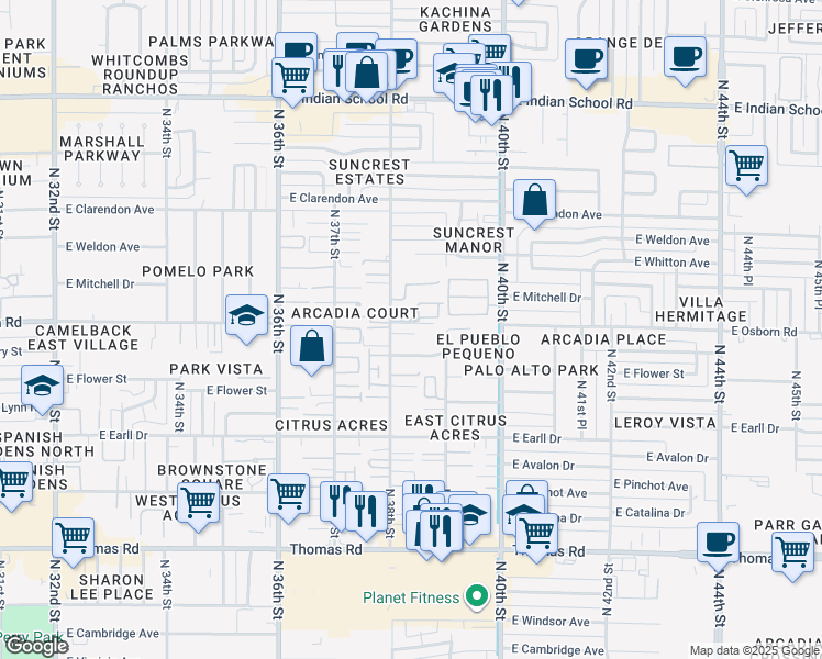 map of restaurants, bars, coffee shops, grocery stores, and more near 1901 East Osborn Street in Phoenix