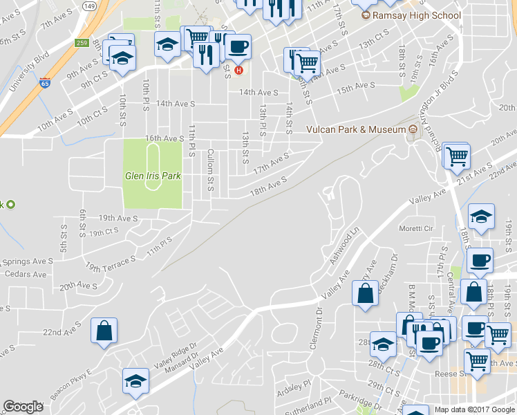 map of restaurants, bars, coffee shops, grocery stores, and more near 1229 18th Avenue South in Birmingham