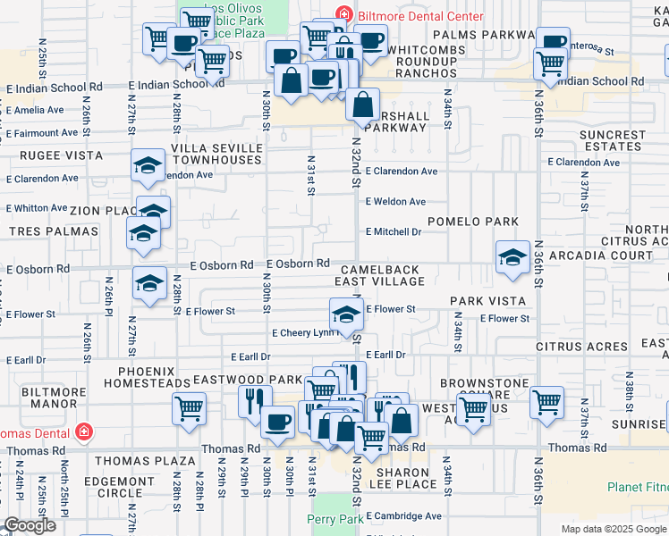 map of restaurants, bars, coffee shops, grocery stores, and more near 3125 East Osborn Road in Phoenix