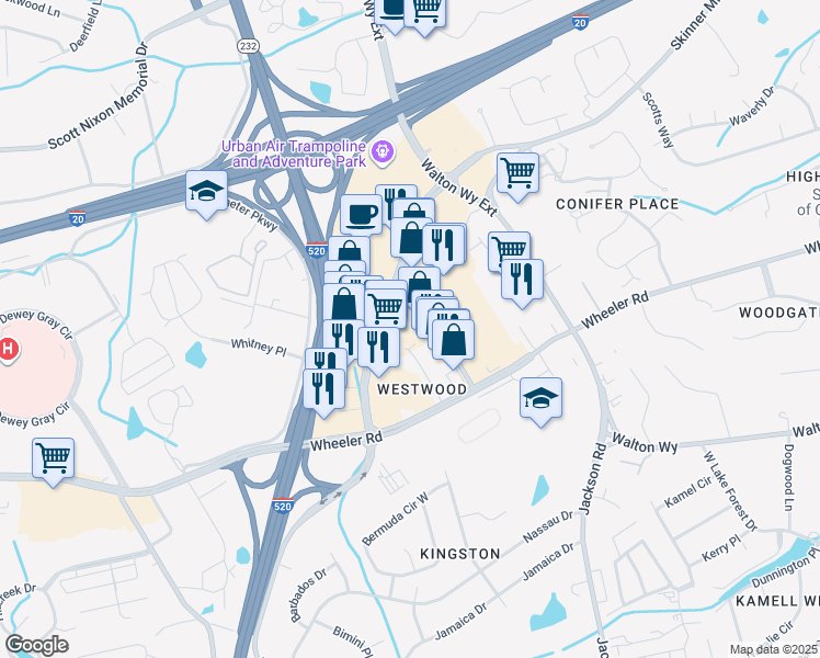 map of restaurants, bars, coffee shops, grocery stores, and more near 246 Robert C Daniel Junior Parkway in Augusta