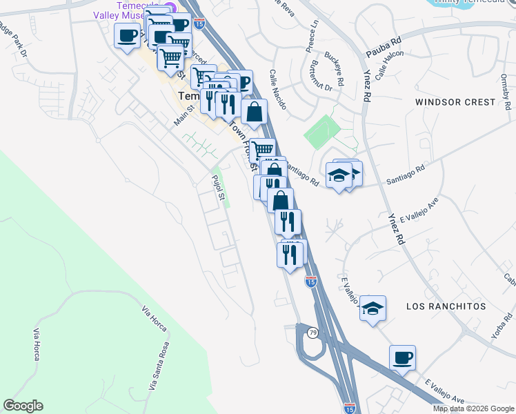 map of restaurants, bars, coffee shops, grocery stores, and more near 28865 Old Town Front Street in Temecula