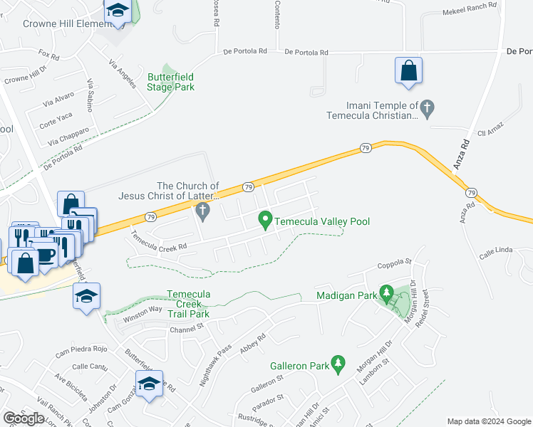 map of restaurants, bars, coffee shops, grocery stores, and more near 33933 Turtle Creek Street in Temecula