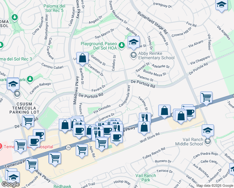 map of restaurants, bars, coffee shops, grocery stores, and more near 44006 Terraza Court in Temecula